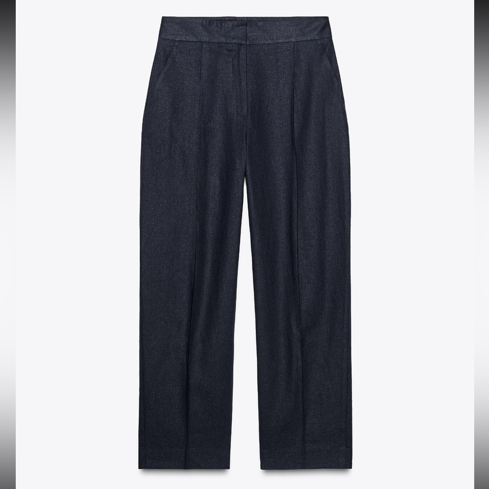 💙 ZARA Pleated Linen Straight-Leg Pants – Navy – Size S